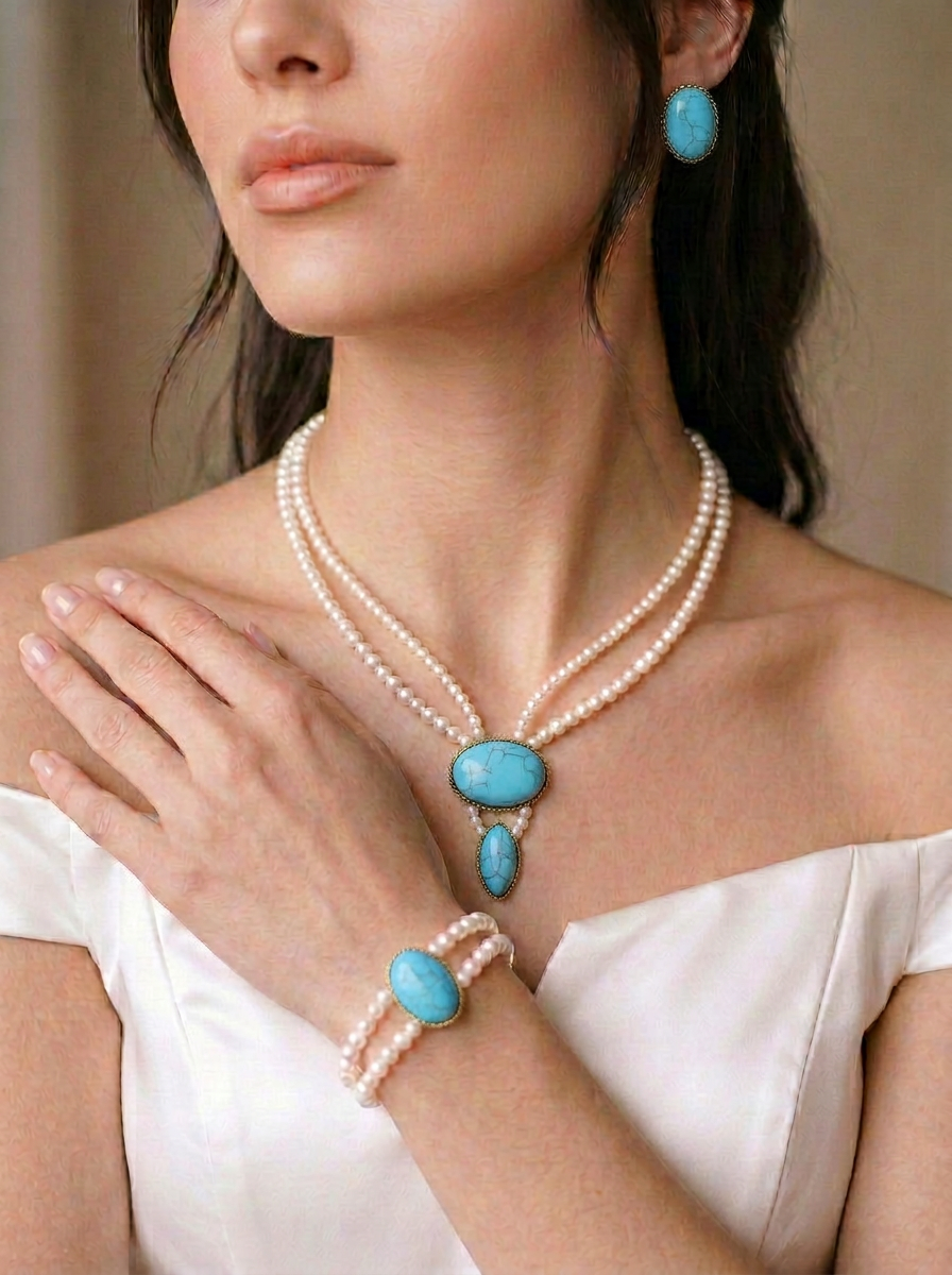 Turquoise Double Strand Pearl Set with Bracelet